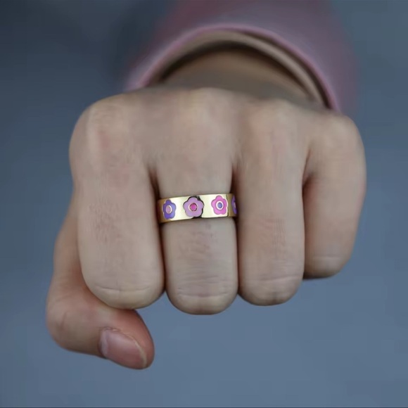 Jewelry - Flower Power Floral Spring Gold Plated Ring with Pink and Purple Flowers Size 8